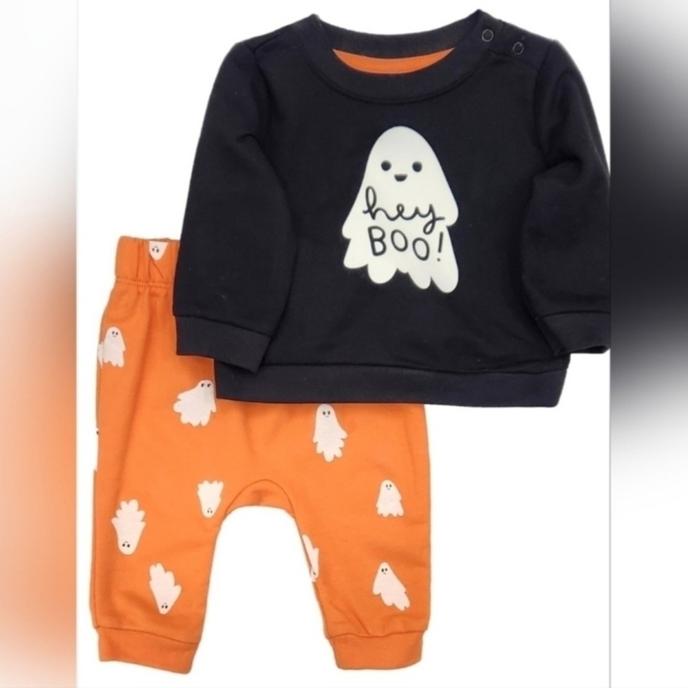 NWT Baby Cat & Jack 2 Piece Halloween Outfit Baby Newborn Black Orange Hey Boo!